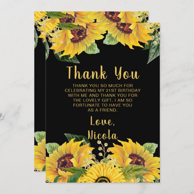 Cartão De Agradecimento Elegant Sunflowers and Foliage Birthday Party (Frente/Verso)