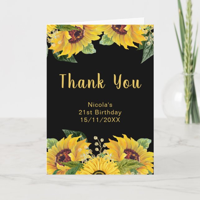 Cartão De Agradecimento Elegant Sunflowers and Foliage Birthday Party (Frente)