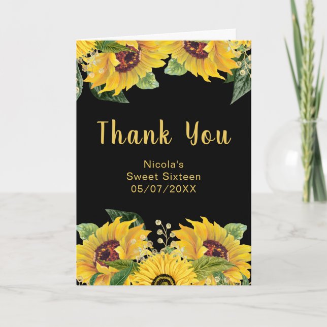 Cartão De Agradecimento Elegant Sunflowers and Foliage Sweet Sixteen (Frente)