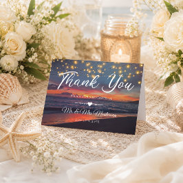 Cartão De Agradecimento Elegant Sunset Beach String Lights Summer Wedding