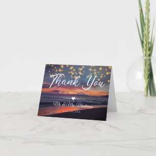 Cartão De Agradecimento Elegant Sunset Beach String Lights Summer Wedding