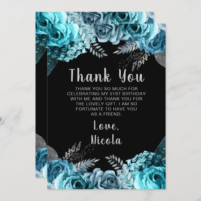 Cartão De Agradecimento Elegant Teal Blue and Silver Flower Birthday Party (Frente/Verso)
