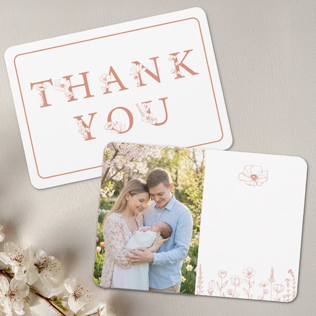 Cartão De Agradecimento Elegant Terracotta Baby Shower Photo (Floral Terracotta Thank You Card)