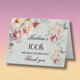 Cartão De Agradecimento Elegant Watercolor Floral 100th Birthday Party 
