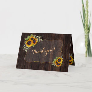 Cartão De Agradecimento Elegant Watercolor Sunflowers Wood Wedding
