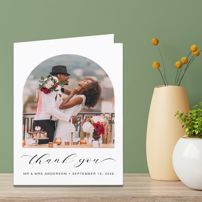 Cartão De Agradecimento Elegant Wedding Photo Arched Frame Thank You Card (Criador carregado)