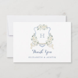 Cartão De Agradecimento Elegant White Floral Dusty Blue Wedding Crest
