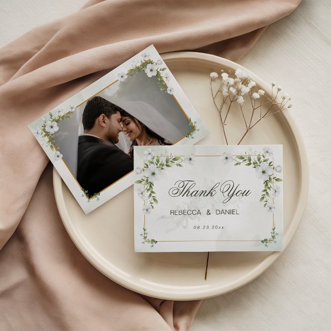 Cartão De Agradecimento Elegant White Floral Wedding Photo Thank You Card (Criador carregado)
