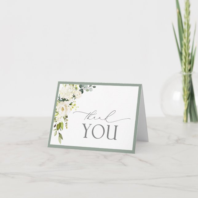 Cartão De Agradecimento Elegant White Gray Green Floral Thank You Card (Frente)