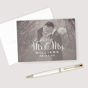 Cartão De Agradecimento Elegant White Script Sepia Photo Wedding Monogram