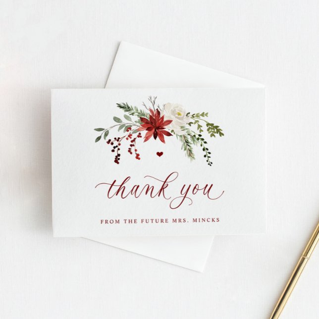 Cartão De Agradecimento Elegant Winter Greenery Wedding Bridal Shower (Winter bridal shower thank you cards with Christmas greenery and elegant script)