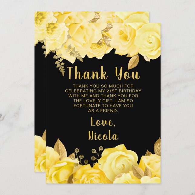 Cartão De Agradecimento Elegant Yellow and Gold Flowers Birthday Party (Frente/Verso)