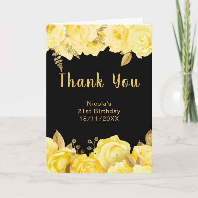 Cartão De Agradecimento Elegant Yellow and Gold Flowers Birthday Party (Frente)