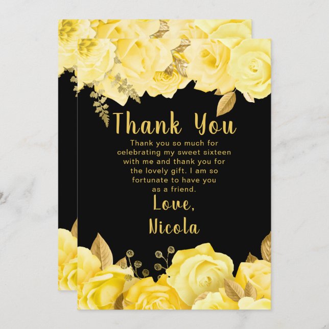 Cartão De Agradecimento Elegant Yellow and Gold Flowers Sweet Sixteen (Frente/Verso)