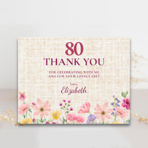 Cartão De Agradecimento Elegante 80º Aniversário para Ela - Floral de Linh