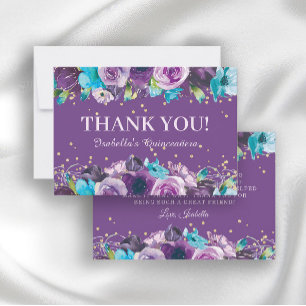 Cartão De Agradecimento Elegante Aniversário de Quinceañera Roxo Azul Flor