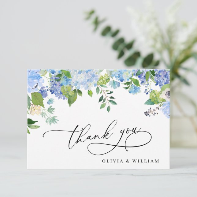 Cartão De Agradecimento Elegante Aquarela Azul Hydrangea Floral (Em pé/Frente)