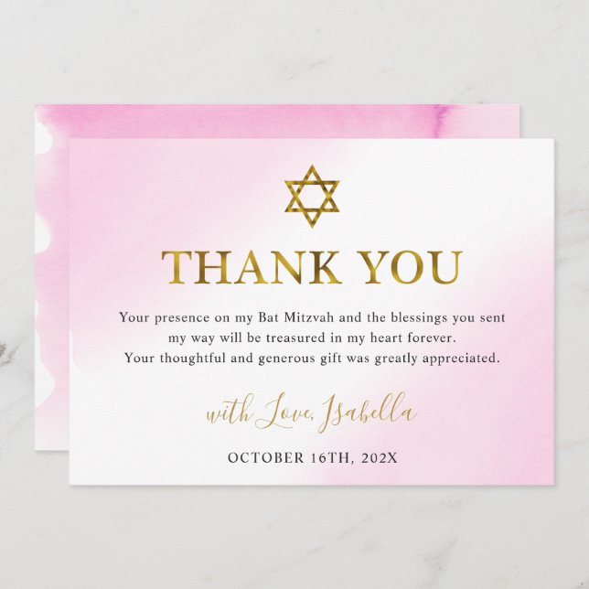 Cartão De Agradecimento Elegante Aquarela Pastel Rosa Dourado Bat Mitzvah (Frente/Verso)