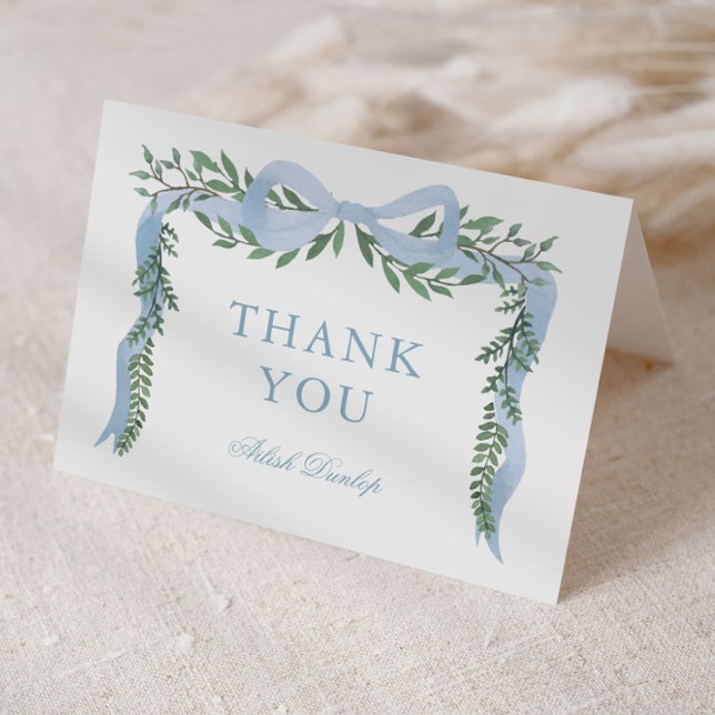 Cartão De Agradecimento Elegante Arco Azul com Chá de fraldas Greenery Boy (Elegant blue boy boys baby shower thank you card.)