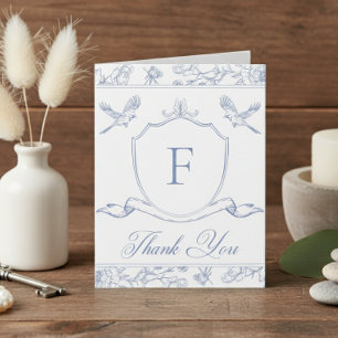 Cartão De Agradecimento Elegante Azul Casamento com Pássaro e Brasão em Ch