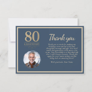 Cartão De Agradecimento Elegante Azul Marinho 80 & Foto de Aniversário Len