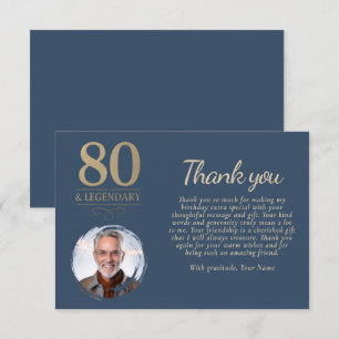 Cartão De Agradecimento Elegante Azul Marinho 80 & Foto de Aniversário Len
