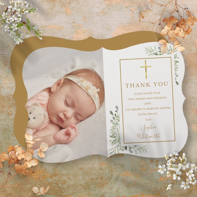Cartão De Agradecimento Elegante Baptism Christening Foto Greenery (Elegant Baptism Christening Greenery Photo Thank You Card)