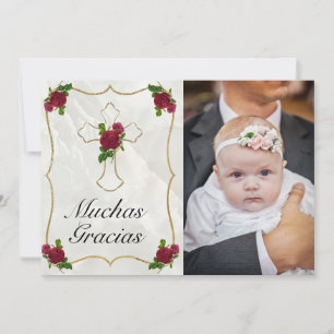Cartão De Agradecimento Elegante Bautismo de Bebé de Oro Rosa Rojo Gracia