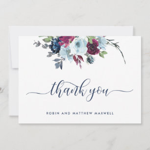 Cartão De Agradecimento Elegante Berry, Floral Azul e Borgonha Obrigado 