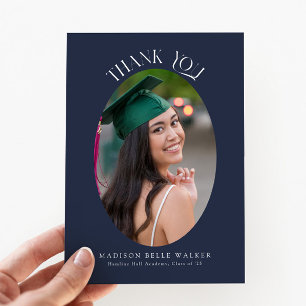 Cartão De Agradecimento Elegante Blue Oval Graduação Foto Muito Obrigado