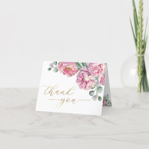 Cartão De Agradecimento Elegante Blush Dourado Floral Rosa e Verde