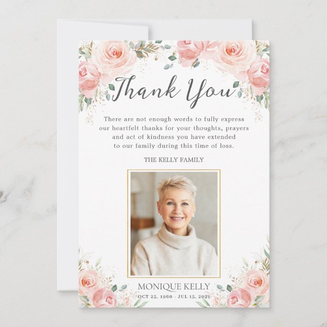 Cartão De Agradecimento Elegante Blush Floral Foto Floral Rosa Memorial Fu (Frente)