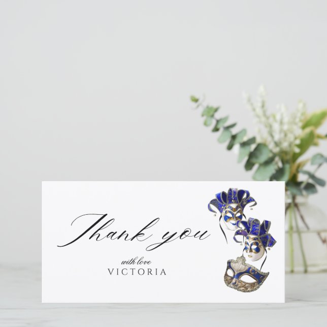 Cartão De Agradecimento Elegante Bohemian Script Silver Frame Mascarada (Em pé/Frente)