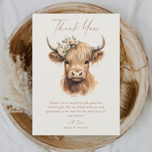 Cartão De Agradecimento Elegante Boho Highland Cow Chá de Noiva (Elegant boho highland cow bridal shower thank you card.)