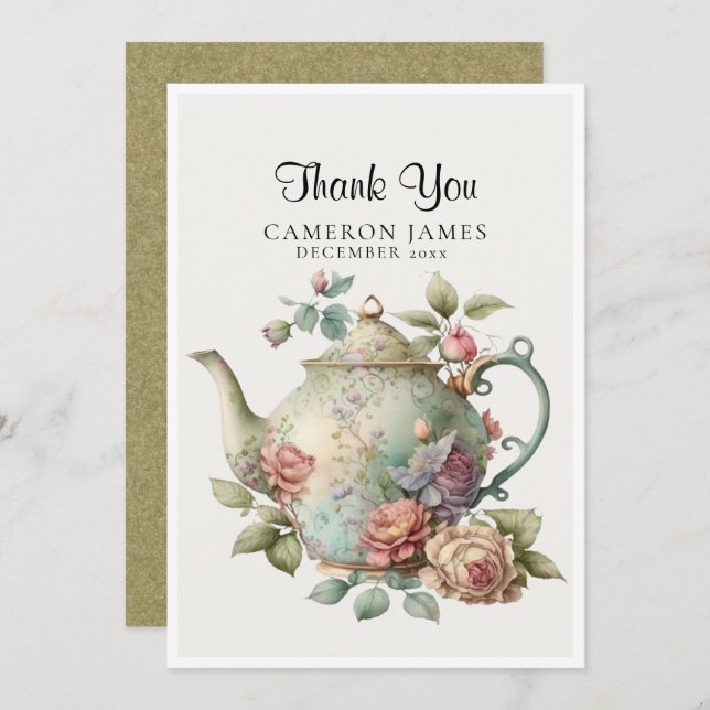 Cartão De Agradecimento Elegante Bule de Água-forte Festa do Chá Floral (Frente/Verso)