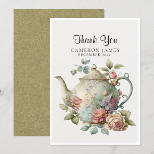 Cartão De Agradecimento Elegante Bule de Chá em Aquarela Festa do Chá Flor