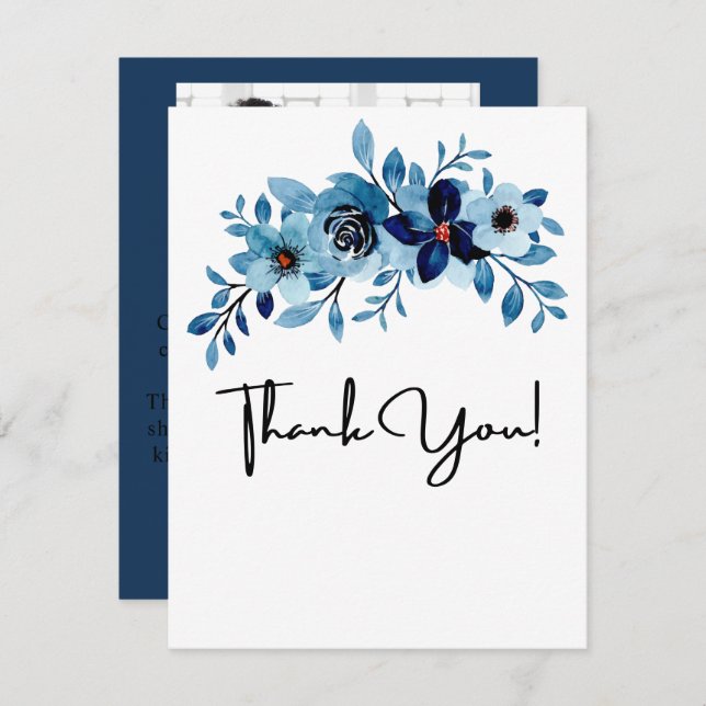 Cartão De Agradecimento elegante buquê de flores em aquarela azul empoeira (Frente/Verso)