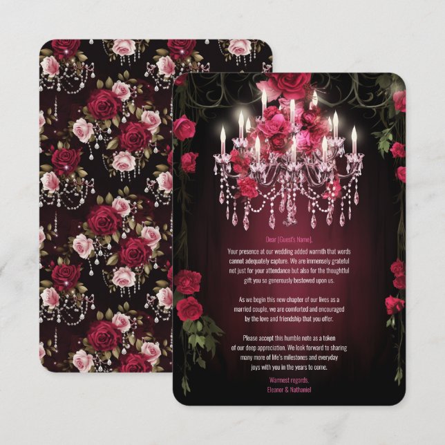 Cartão De Agradecimento Elegante Burgundy Floral Rosas Chandelier Wedes (Frente/Verso)