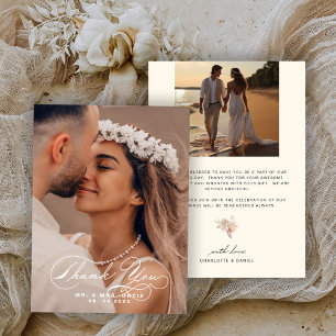 Cartão De Agradecimento Elegante Calliografia Foto Casamento Ecru