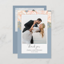 Cartão De Agradecimento Elegante Casamento Floral Dusty Foto Azul Obrigado