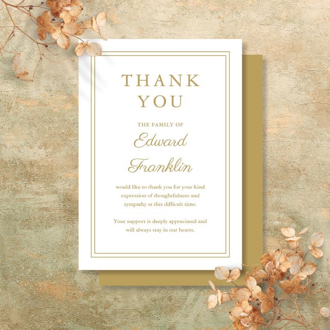 Cartão De Agradecimento Elegante Celebração da Vida Funeral em Dourado (Elegant Gold Celebration Of Life Funeral Thank You Card)