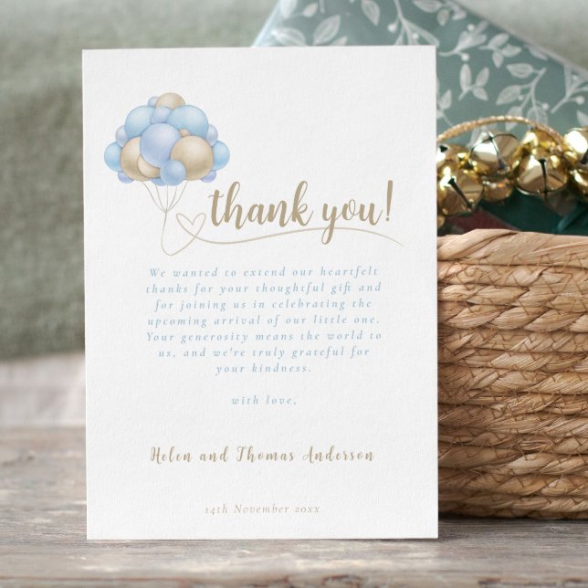 Cartão De Agradecimento Elegante Chá de fraldas Balão Azul Boho (Elegant Boho Blue Balloon Baby Shower Thank You Card)