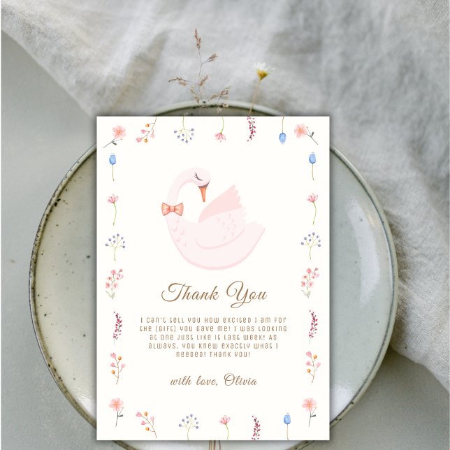 Cartão De Agradecimento Elegante Chá de fraldas da Princesa de Swan Girl (Elegant Wildflower Princess Swan Girl Baby Shower Thank You Card)