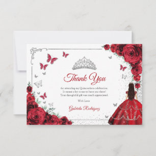 Cartão De Agradecimento Elegante Chic Rosas Vermelhas Quinceanera Prata