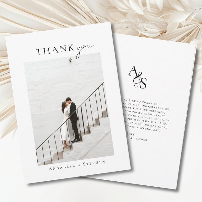 Cartão De Agradecimento Elegante, Clássico, Monograma, Obrigado! 1 Foto (Elegant, classic, monogram, -white-black, wedding 1 photo "Thank you" card.)