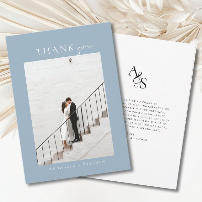 Cartão De Agradecimento Elegante, Clássico, Monograma, Obrigado! 1 Foto (Elegant, classic, monogram, powder-blue-white, wedding 1 photo "Thank you" card.)