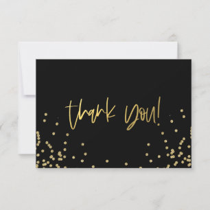 Cartão De Agradecimento Elegante Confetes Preto e Dourado Obrigado