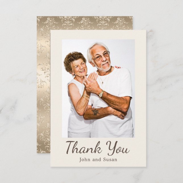 Cartão De Agradecimento Elegante Creme de Damasco Dourado Aniversário de C (Frente/Verso)