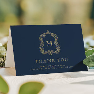 Cartão De Agradecimento Elegante Crista de Monograma Azul Marinho Dourado