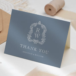 Cartão De Agradecimento Elegante Crista de Monograma Casamento Azul Empoei